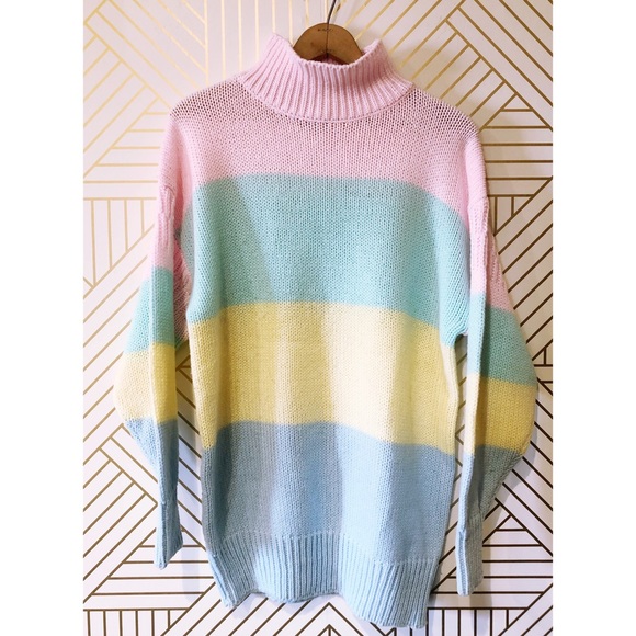 Sweaters - Vintage Rainbow Pastel Stripe Oversized Sweater